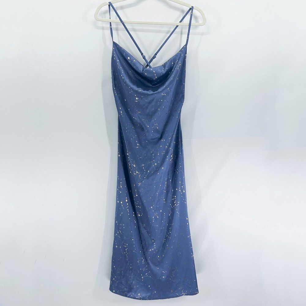 Cider Blue Satin Star Print Slip Midi Dress Small